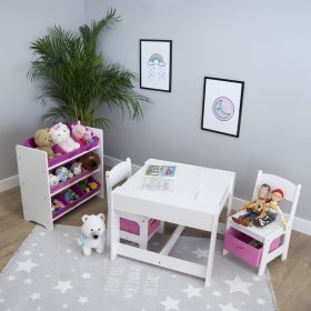 Stół dziecięcy Ourbaby z krzesłami i różowymi pudełkami