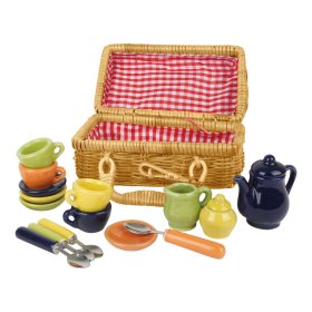 Mały kosz piknikowy z kolorowymi naczyniami ceramicznymi, Small foot by Legler