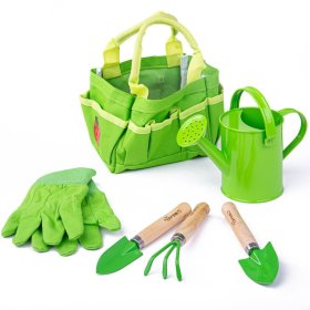 Bigjigs Toys Zestaw narzędzi ogrodowych w płóciennej torbie, zielony