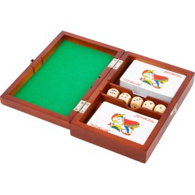 Małe stopy do gry w kości i karty w drewnianym pudełku, small foot