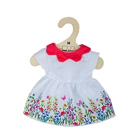 Bigjigs Toys Biała sukienka w kwiaty z czerwonym kołnierzykiem dla lalki 34 cm