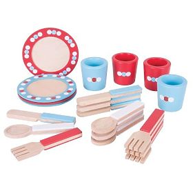 Bigjigs Toys Drewniany zestaw obiadowy w kropki, Bigjigs Toys