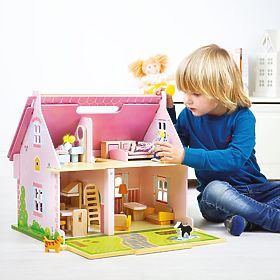 Bigjigs Toys Przenośny drewniany domek dla lalek, Bigjigs Toys