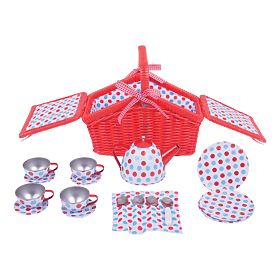Bigjigs Toys Zestaw do herbaty w kropki w koszu piknikowym