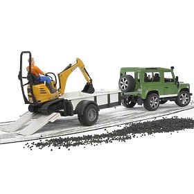 Bruder LAND ROVER + przyczepa, minikoparka JCB, Bruder