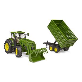 Bruder Traktor John Deere 7R 350 z ładowaczem czołowym i przyczepą tandemową, Bruder