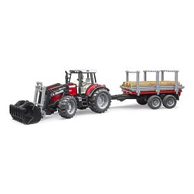 Bruder Traktor Massey Ferguson 7480 z ładowaczem czołowym i przyczepą do kłód