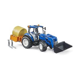 Bruder Traktor New Holland T5.120 z ładowaczem czołowym, skrzynią, widłami i okrągłym balem