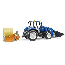 Bruder Traktor New Holland T5.120 z ładowaczem czołowym, skrzynią, widłami i okrągłym balem
