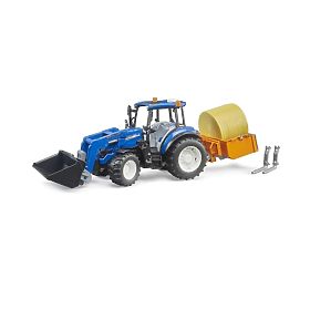 Bruder Traktor New Holland T5.120 z ładowaczem czołowym, skrzynią, widłami i okrągłym balem, Bruder
