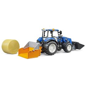 Bruder Traktor New Holland T5.120 z ładowaczem czołowym, skrzynią, widłami i okrągłym balem, Bruder