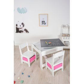 Stół dziecięcy Ourbaby z krzesłami i różowymi pudełkami