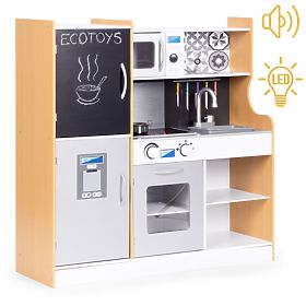 Drewniana kuchnia dla dzieci z dźwiękiem i tablicą kredową LED metalowe akcesoria MDF +3 lata ECOTOY, EcoToys