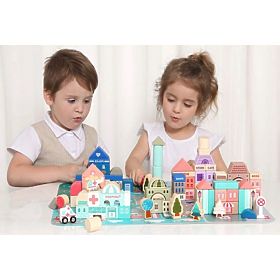 Drewniane edukacyjne klocki miasto z podkładką 115 sztuk ECOTOYS