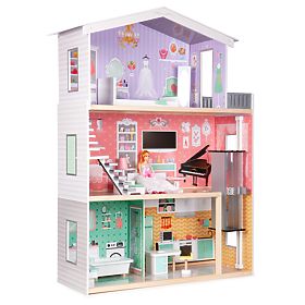 Duży drewniany domek dla lalek z ruchomą windą i meblami ECOTOYS