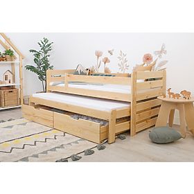 Łóżko dziecięce z dodatkowym miejscem do spania i barierką Praktik - naturalne