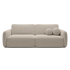 Rozkładana sofa Botse jasnobeżowa z miejscem do przechowywania, zaokrąglone kształty, boucle