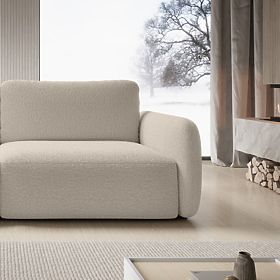 Rozkładana sofa Botse jasnobeżowa z miejscem do przechowywania, zaokrąglone kształty, boucle